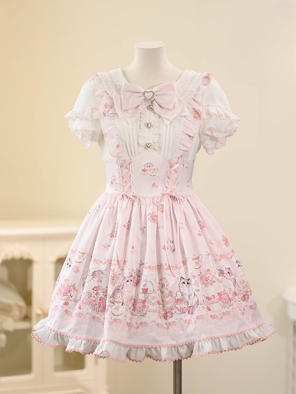 Lace-up Design Sweet Pleating Kei Details Print Pink Cat Jirai