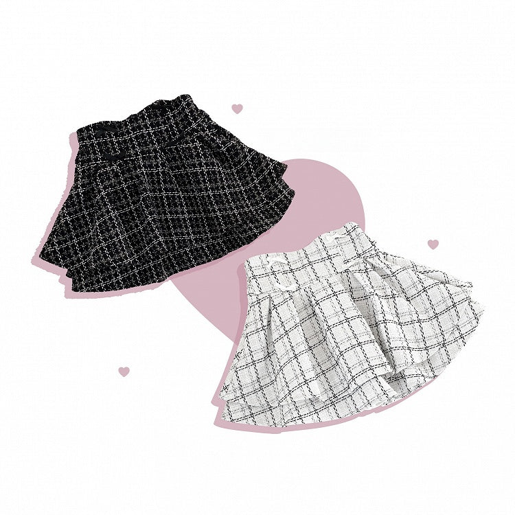 Kei Plaid Skirt with Double-Layer Black Bow Jirai Decoration Tweed High-Waisted