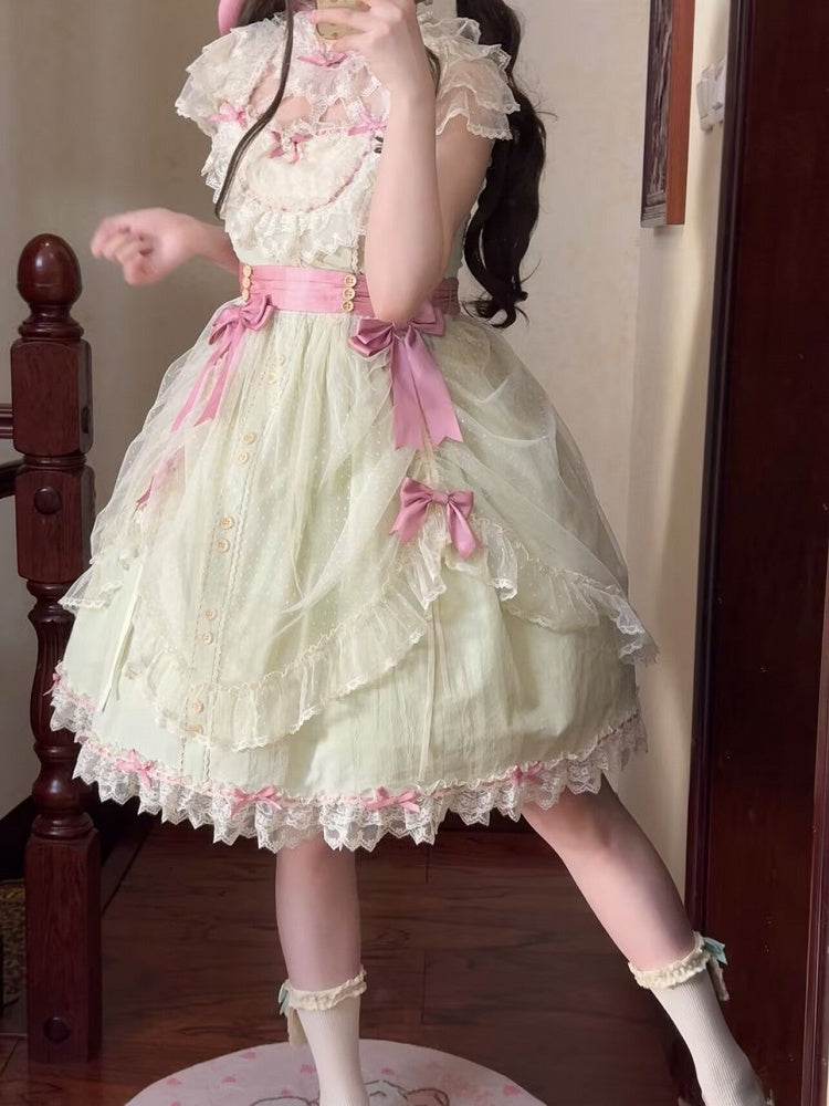 Elegant Version Green Classic Details with Bow Lolita Lace Dress Light and Short