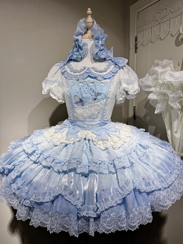 Mieder und Kragen Kleid Blau Peter Pan Print Stickerei Süß Weiß Strand Lolita Wal