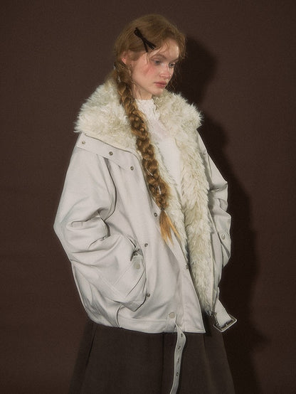 Short Brown/White Jacket Faux Fur Belt Buckle with Collar