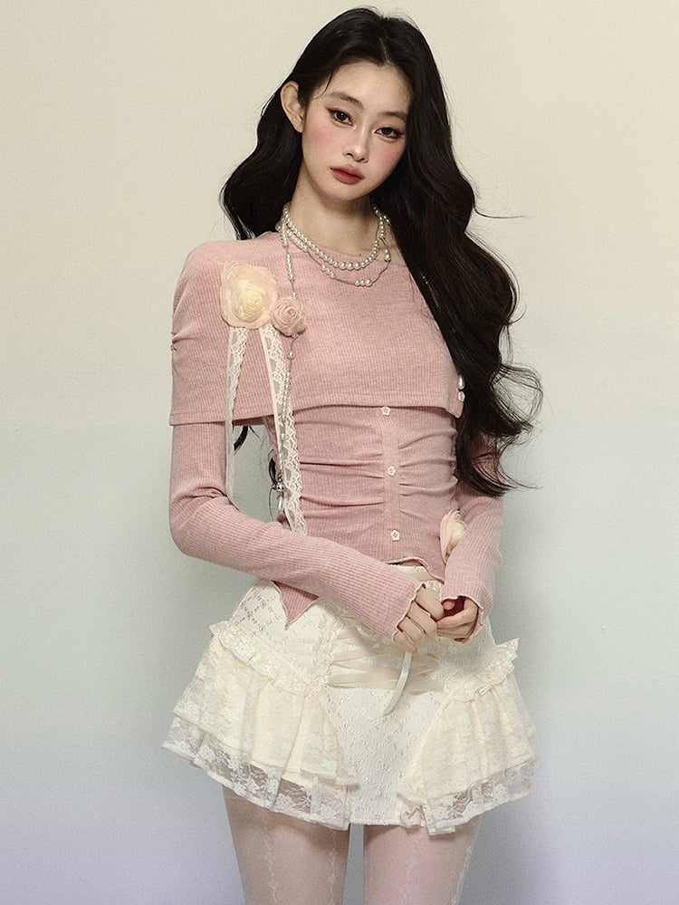 Pink Floral Asymmetrical Neckline Knit Long-Sleeve Top