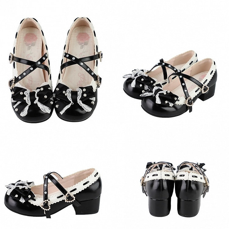 in Black Toe Mary Details Mid-heel PU Classic Shoes Lolita - Round Jane Beads