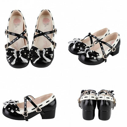 in Black Toe Mary Details Mid-heel PU Classic Shoes Lolita - Round Jane Beads