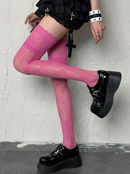 Floral Pattern Rose Stockings Overknee Trim Lace Y2K Pink