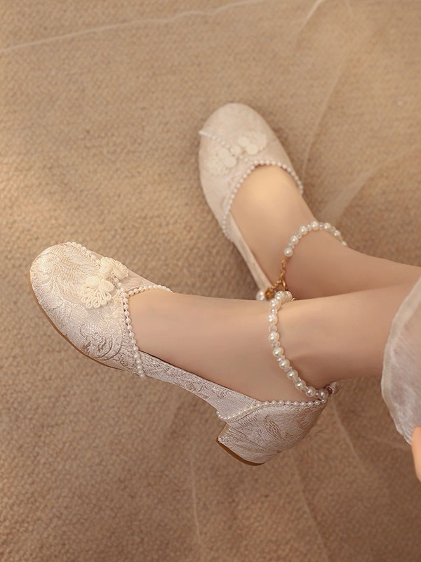 Frog Beige Accent Strap Ankle Qi Beaded Lolita Shoes Button Mid-heel