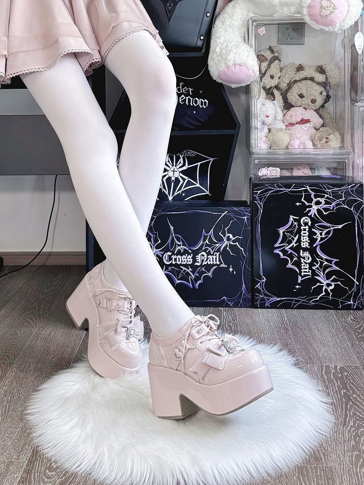 Kei Heels Janes Embroidery Rhinestone Toe Jirai - PU Cross Bow with Pink Mary Heart Platform