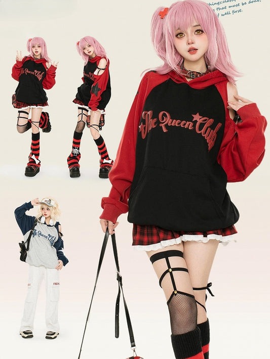 Red/Blue Letters Print Colorblock Design Cutout Shoulder Hoodie