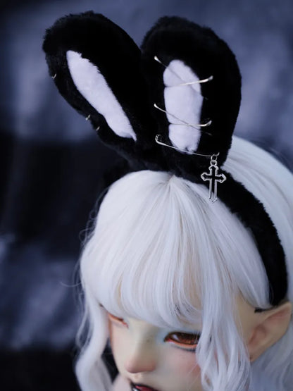 Pins Cross Details Gothic Black Plush Bunny Ears KC