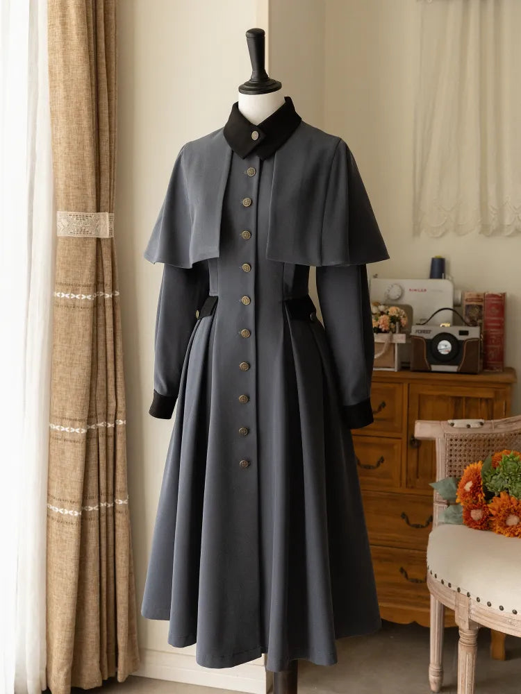 Lolita Winter Autumn Cape and Piece Elegant One Classic Dress Design Gray Dark