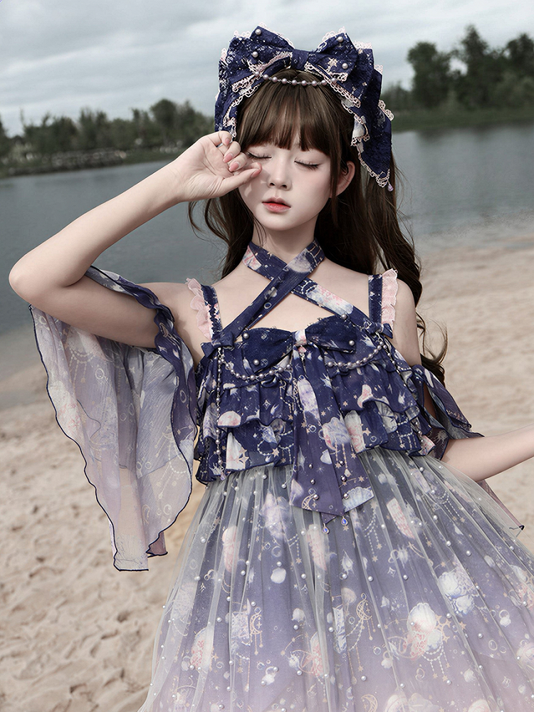 Black/Dark Blue/Light Purple Sweet Lolita Large Bow Hairclip with Bead Chain - Meng Fu Zi