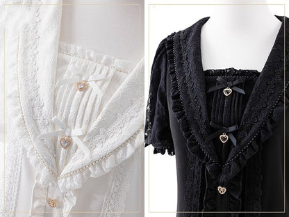 Bowknot Jirai Kei Matrosenkragen Weiße Verzierungen Kurzarmbluse Strass und Herzausschnitt