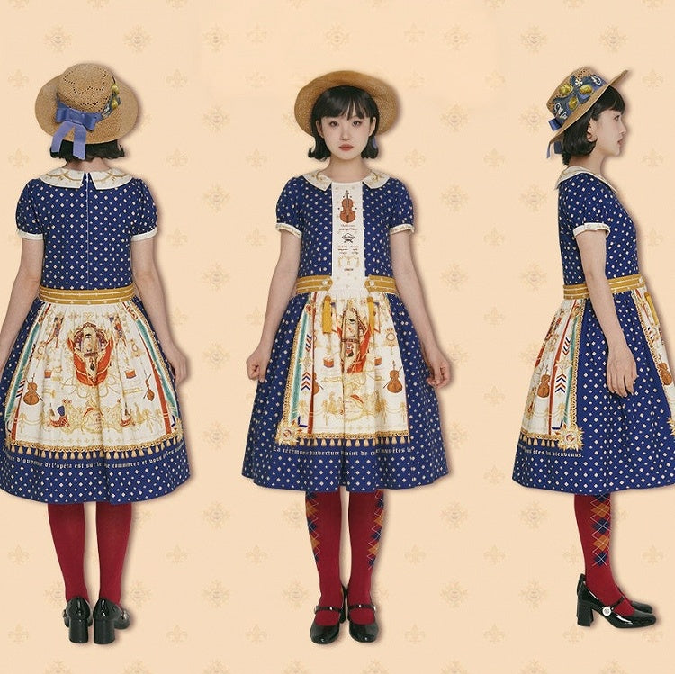 Short Dark Blue Musical Print Peter Pan Collar OP Dress with Tassels - Crucis Universal Tailor Company