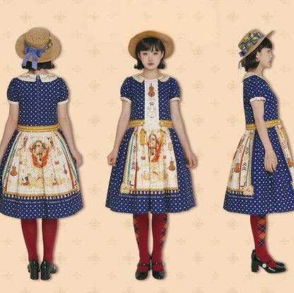 Short Dark Blue Musical Print Peter Pan Collar OP Dress with Tassels - Crucis Universal Tailor Company