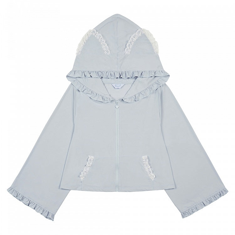 Jirai Kei Sleeves with White/Black/Blue/Pink/Gray Hooded in Baggy Kitty-Ear Long Jacket