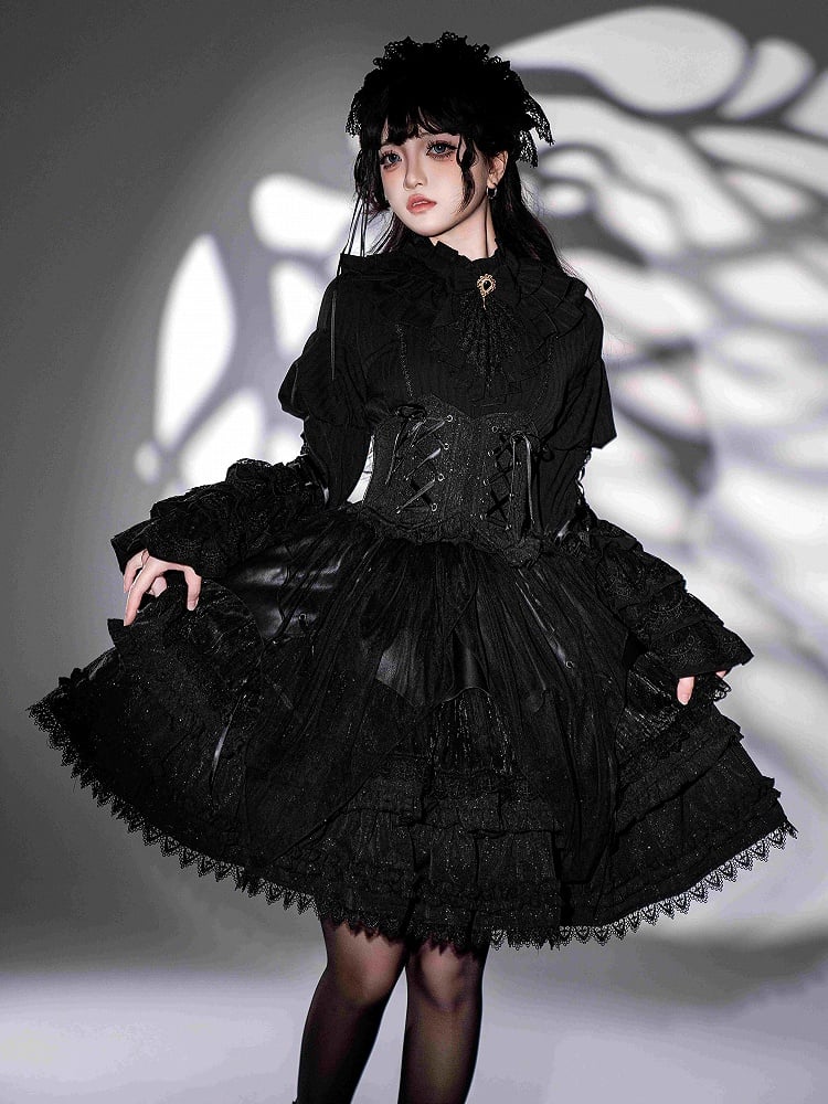 Neckline Ruffle Gothic Bell Jabot Black with Shirt Layered Sleeves Tie Kuro Lolita