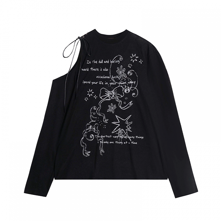 Semi-sheer Bowknot Graffiti Print Coverup Cutout Shoulder Black/White