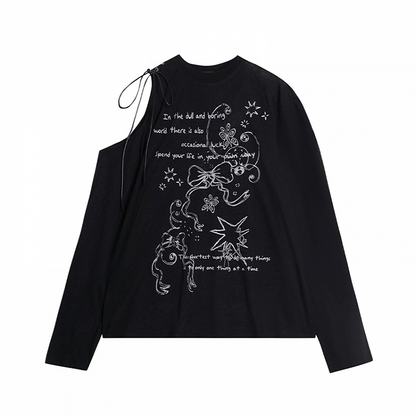 Semi-sheer Bowknot Graffiti Print Coverup Cutout Shoulder Black/White