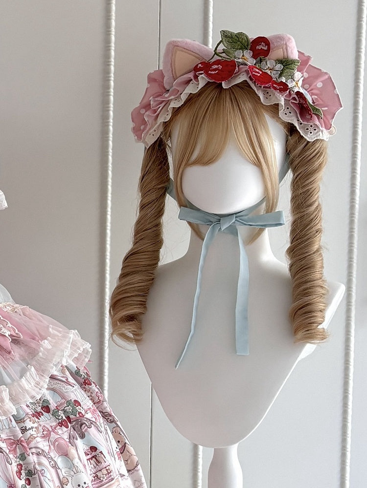 Pink Lolita Cat Ears Hairband Strawberry Embroidery Patches - Jelly Girl