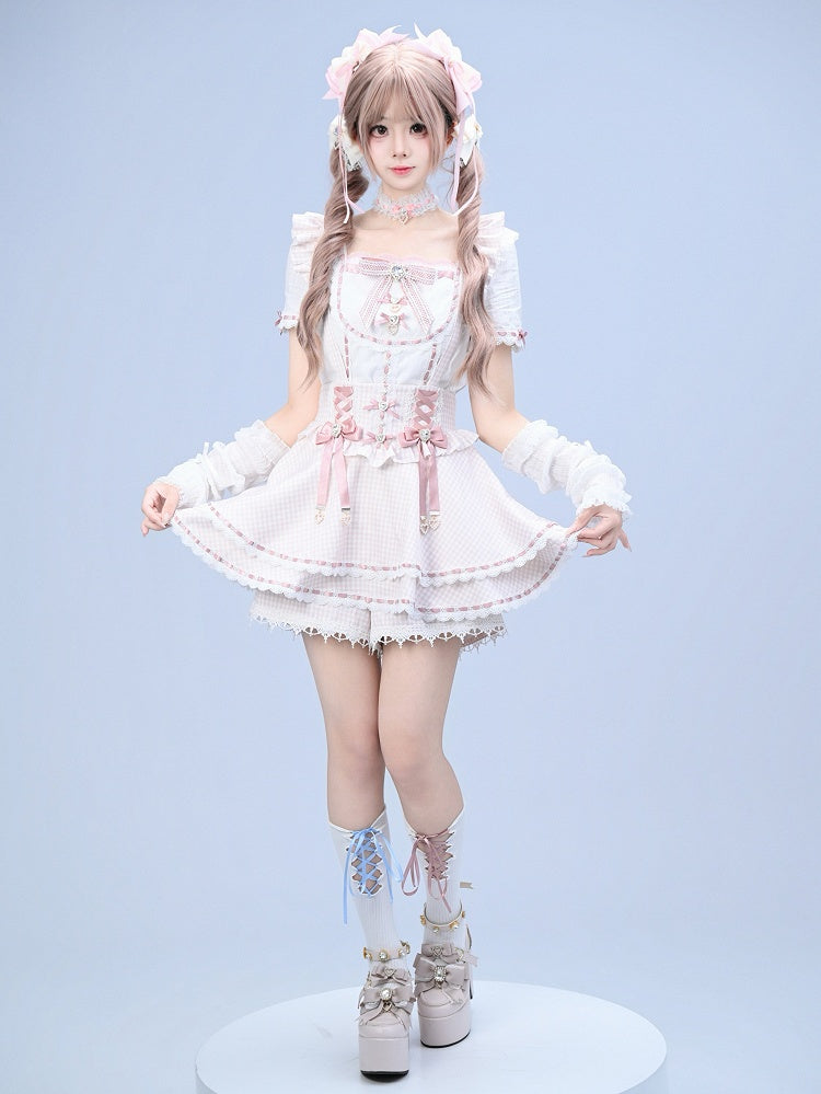 Pink Gingham Ryousangata Overall Skort with Bow Lace Details - Broken Bear