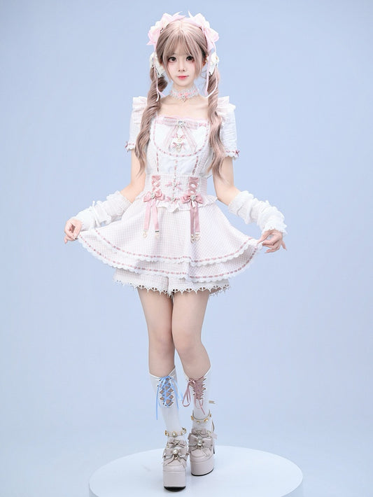 Pink Gingham Ryousangata Overall Skort with Bow Lace Details - Broken Bear