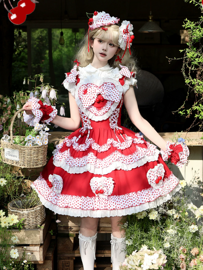 Crimson Cherry Polka-Dot Lace JSK with White Trim - Rosede Cheese