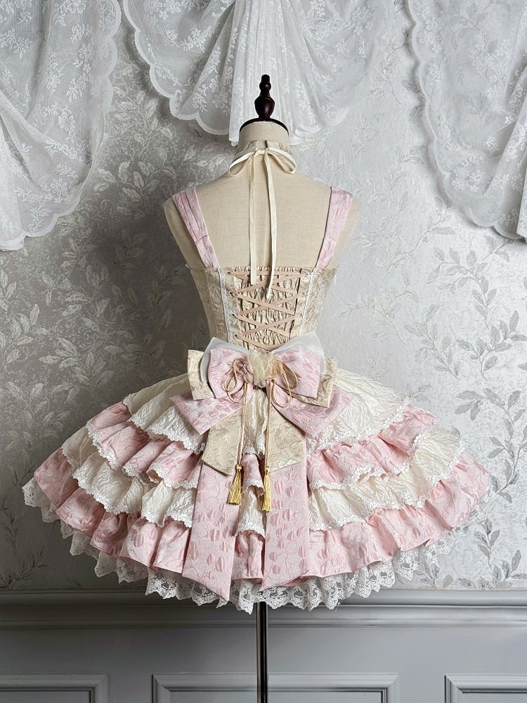 ネックバスクドレス ウエストピンクスカート ホルターティアードQi取り外し可能ロリータ
