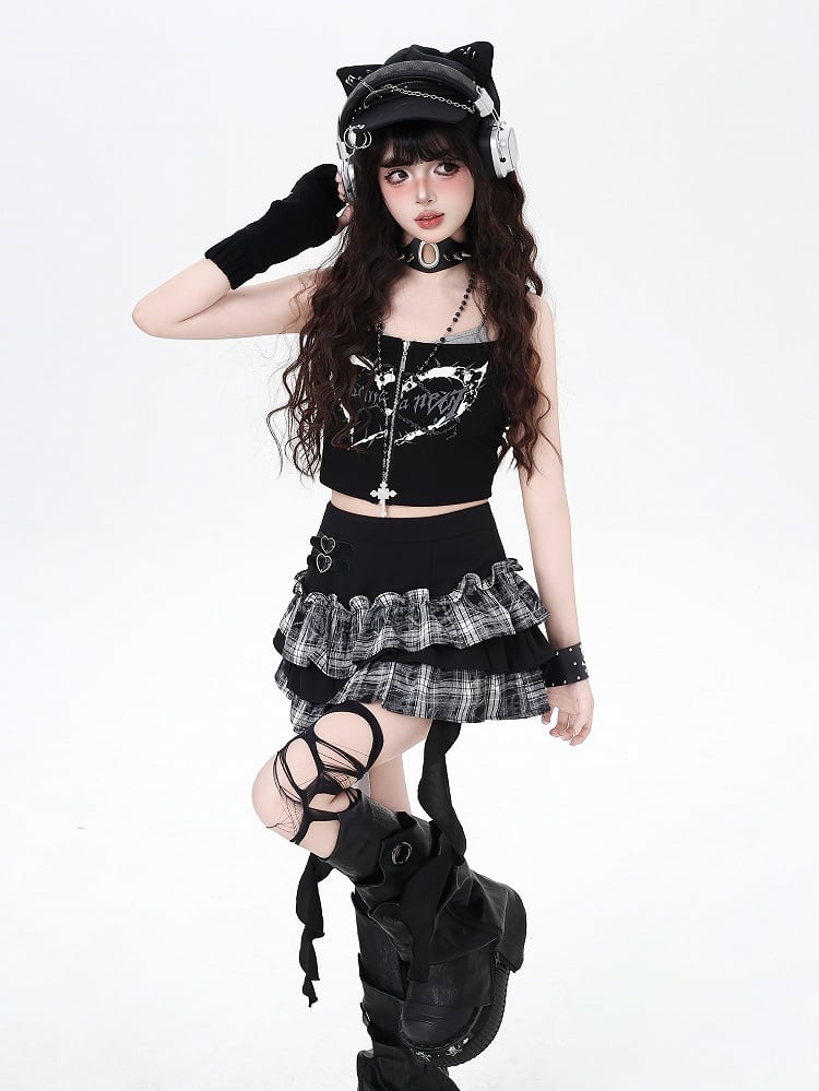 Buckles Ruffles Skirt Tiered Spicy Heart with White Cascading Sweet Mini Black Plaid