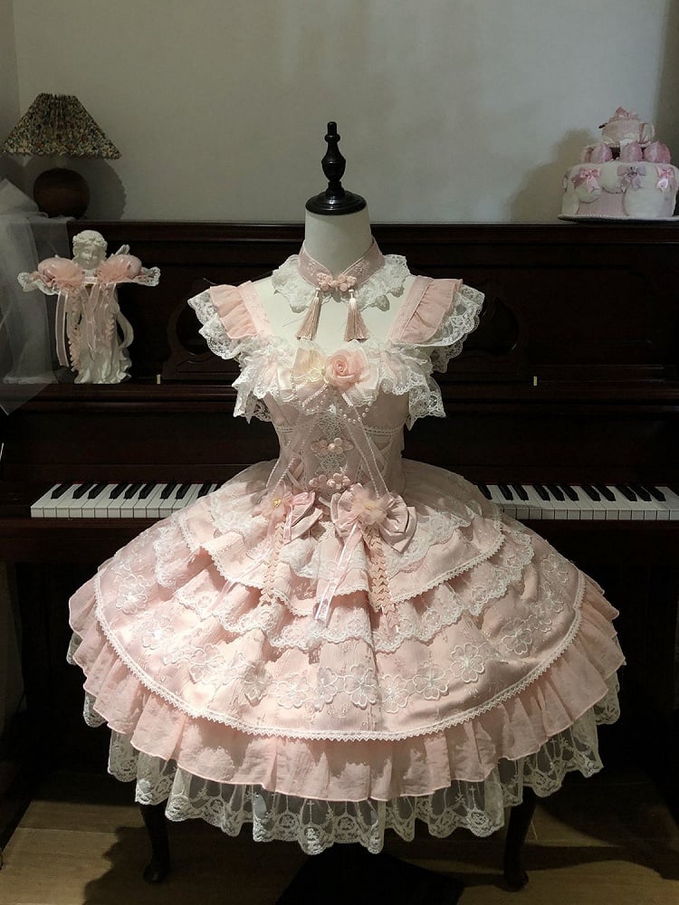 Flower Frog Waist Layered Chinoiserie Bows with Corset Pink Button Dress Lolita
