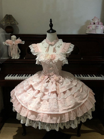 Flower Frog Waist Layered Chinoiserie Bows with Corset Pink Button Dress Lolita