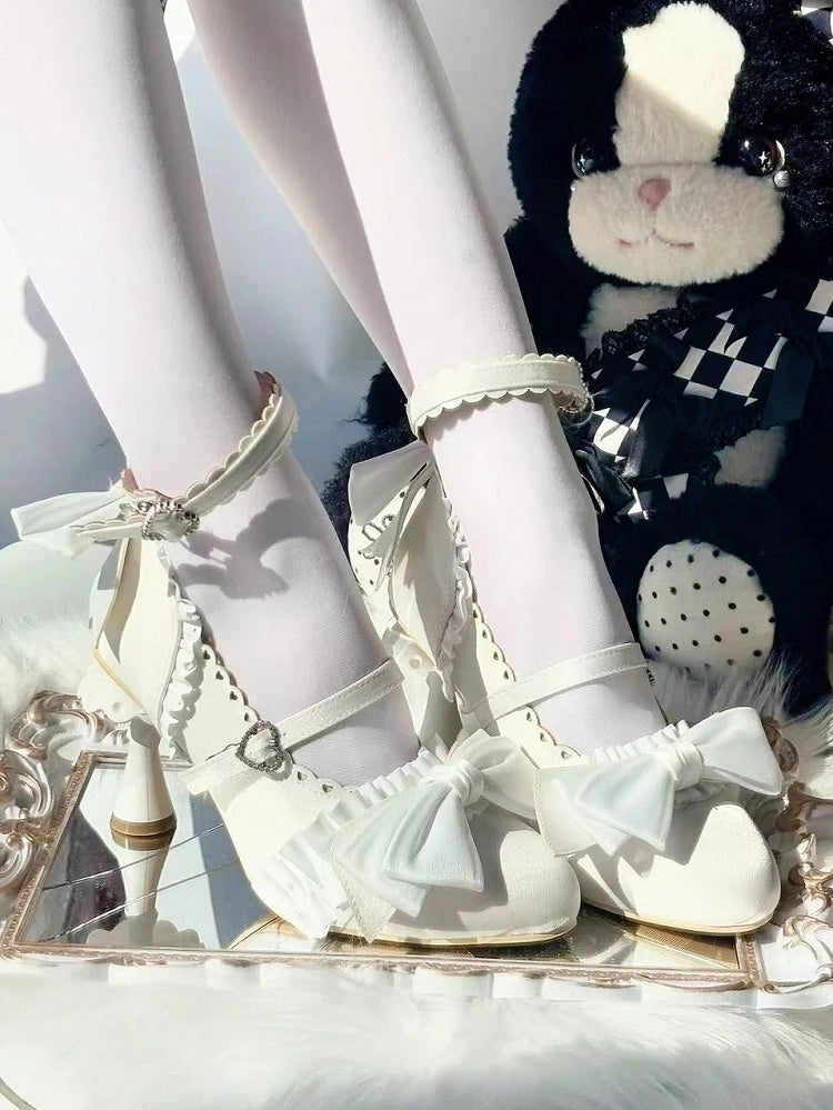 Sophisticated Pumps Bow - Heel with White Details Accents Design Lolita Shaped Ruffle Uniquely
