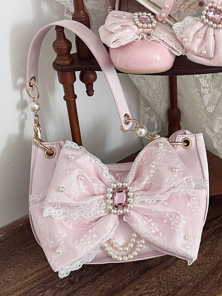 Satin Pink Lolita Underarm Bag with Lace Bow and Crystal - Sheep Puff Bag