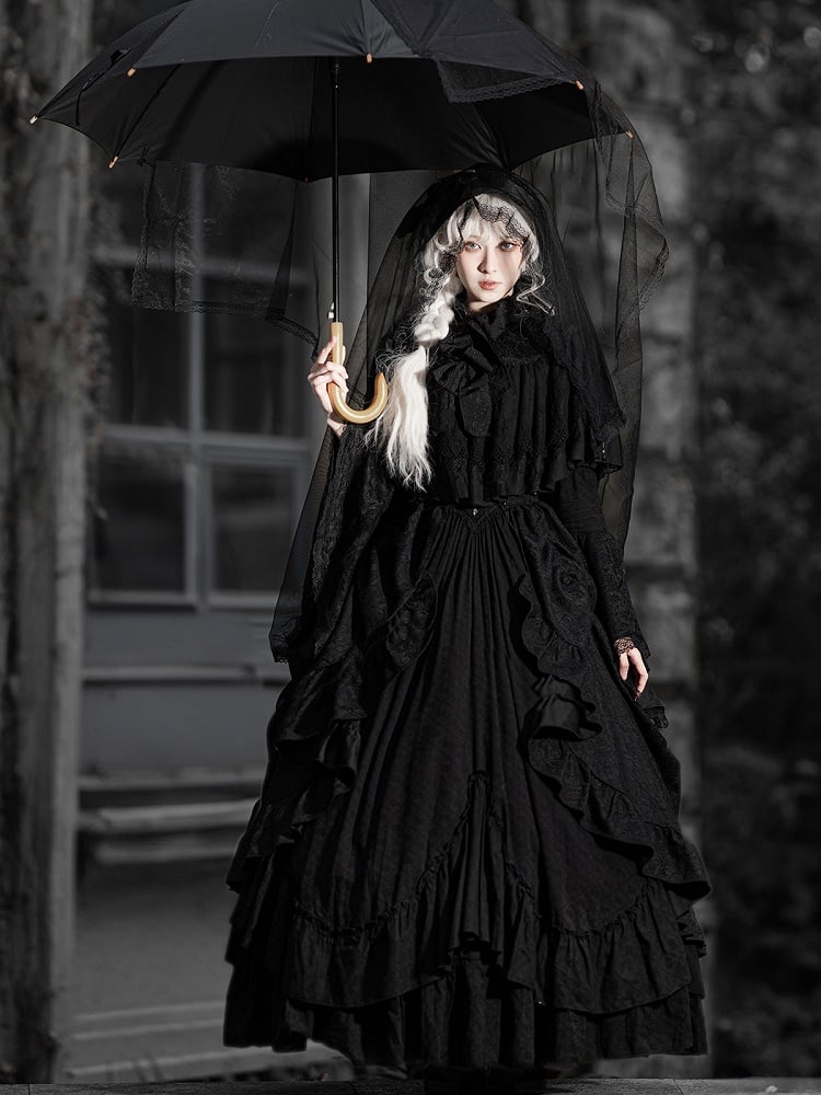 Lolita Black Skirt Dress Drawstring Iris with Gothic Elegant Embroidery