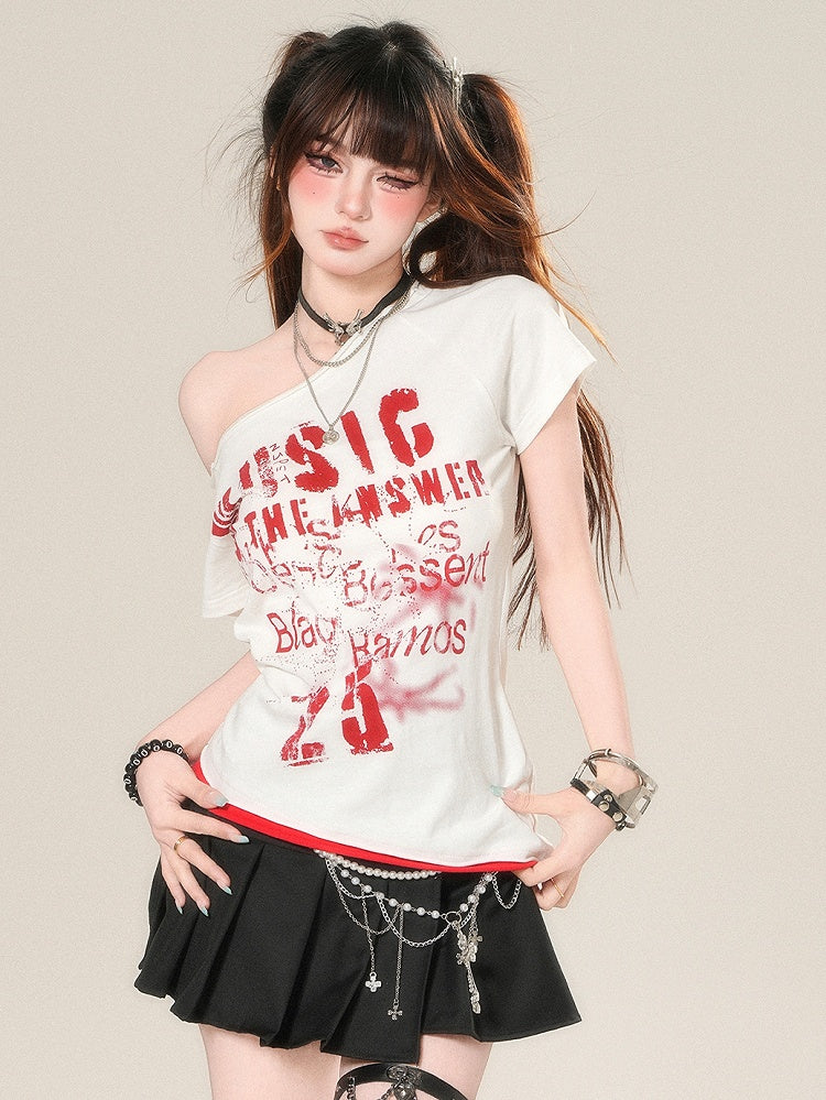 レターアシンメトリーネックラインTシャツグラマラスプリントホワイト/ゲイリー