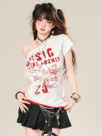 レターアシンメトリーネックラインTシャツグラマラスプリントホワイト/ゲイリー