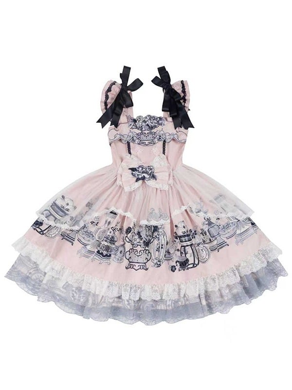 Elegant Pink Porcelain Lolita JSK with Flutter Sleeves & Floral Embroidery - Yimu Walnut