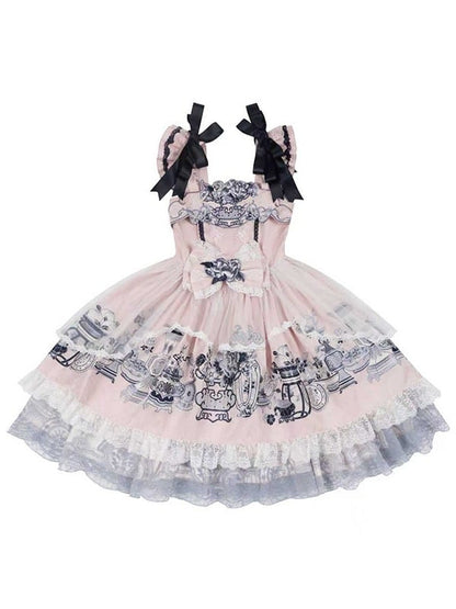 Elegant Pink Porcelain Lolita JSK with Flutter Sleeves & Floral Embroidery - Yimu Walnut