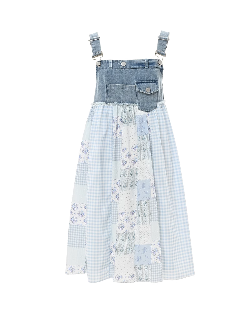 Mori Denim Overallkleid Blau kariert und florales Patchwork-Design Kei