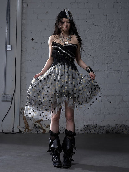 Kleid Balletcore Stufenrock aus Netzstoff, trägerlos, Grau/Asche