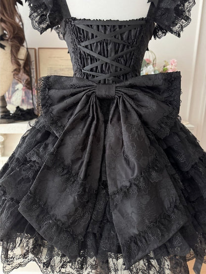 Sweet Hime-Style Rhinestone Lolita Multi-Layered with Black / Dress Skirt Details Bow Train Choker Big JSK Lace +