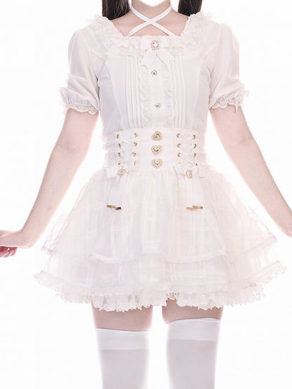 with Triple White High Lace-up Layer Organza Jirai Skirt Kei Waist Detail