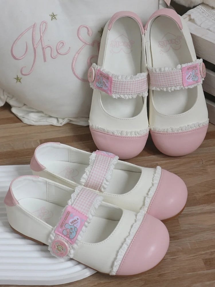 Strap Closures Plaid Lolita Flats White Toe Lace - Pink Trim Sweet Round Velcro