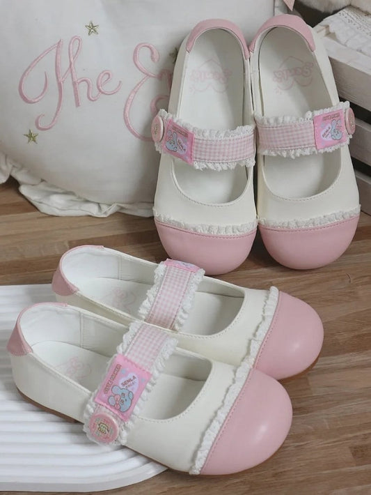 Strap Closures Plaid Lolita Flats White Toe Lace - Pink Trim Sweet Round Velcro