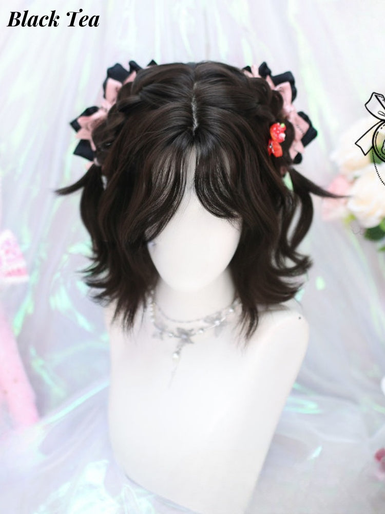 Champagne/Brown/Black Tea Short Wavy Wig with Full Bangs