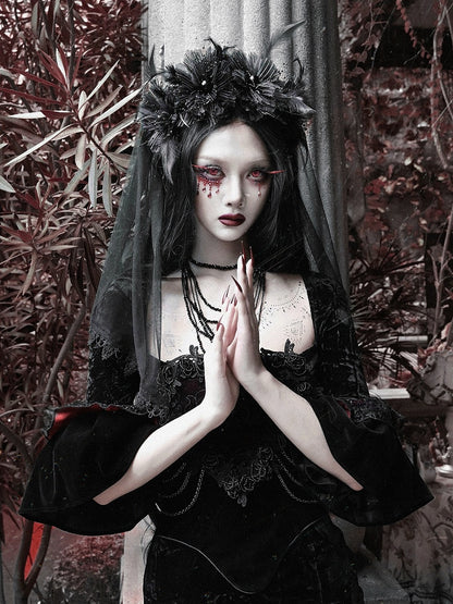 KC Headpiece Black Feather Beads Veil Floral - Blood Supply
