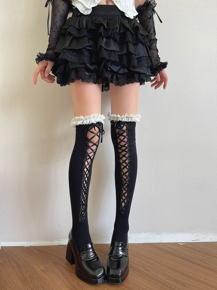 Cut-Out Ruffles White/Black Stockingswith Strappy Lolita