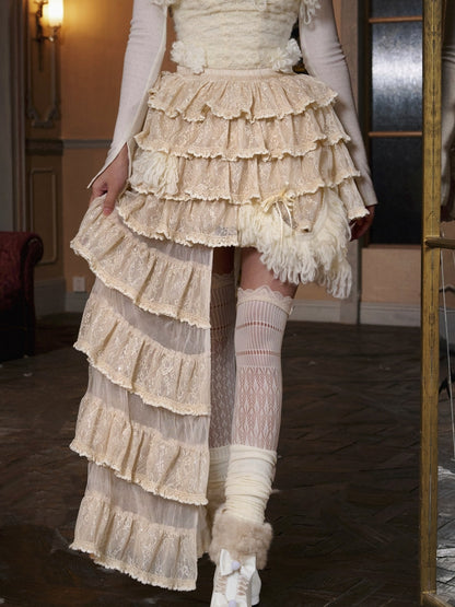 Jupe asymétrique en dentelle à volants et sequins, crème abricot