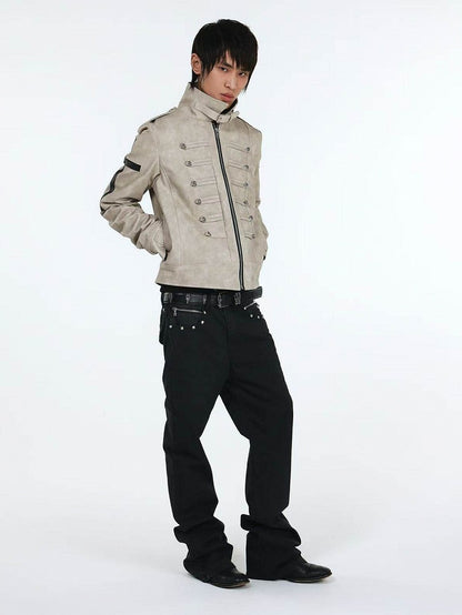 Genderless Punk Milk White Double-Breasted Decorative Faux Leather Jacket with Cross Pattern - DETW OnLine