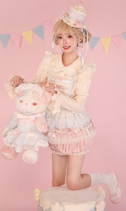 Pink Blue Hem Cupcake Overall and Skirt Bodice Sweet Strawberry Embroidery Cake Lolita