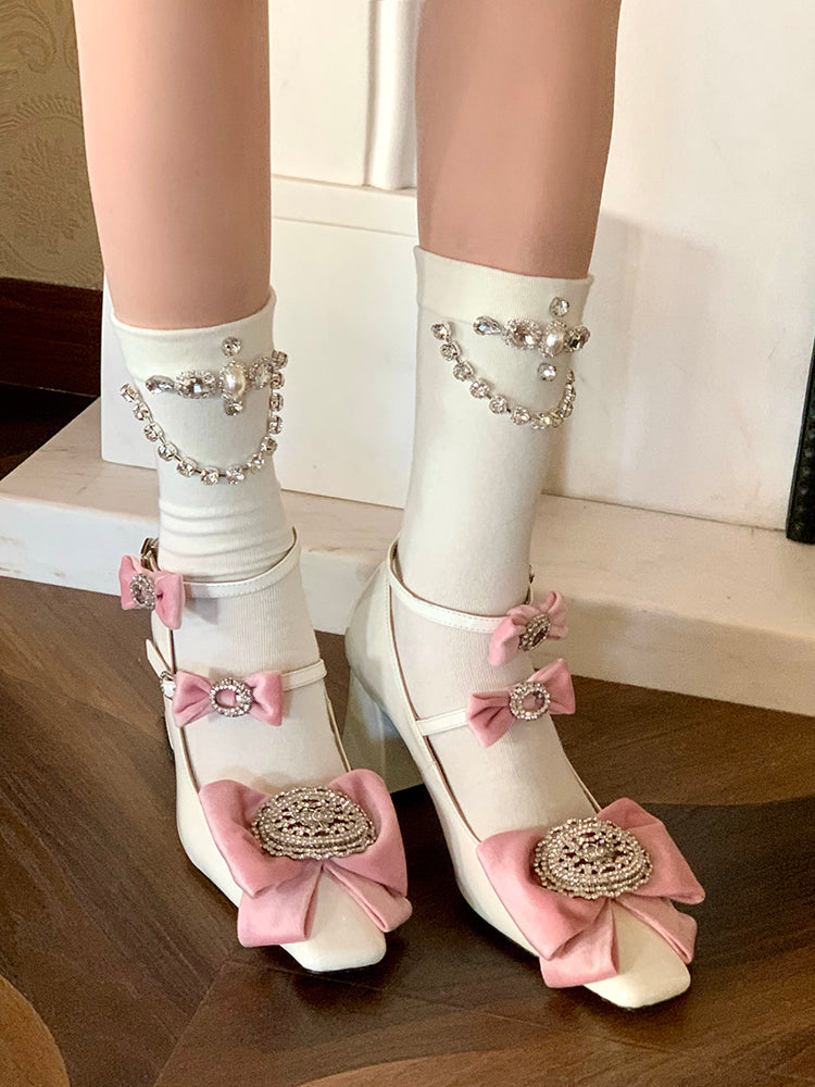 with Rhinestone Socks Decoration Black/White/Gray Chain Calf